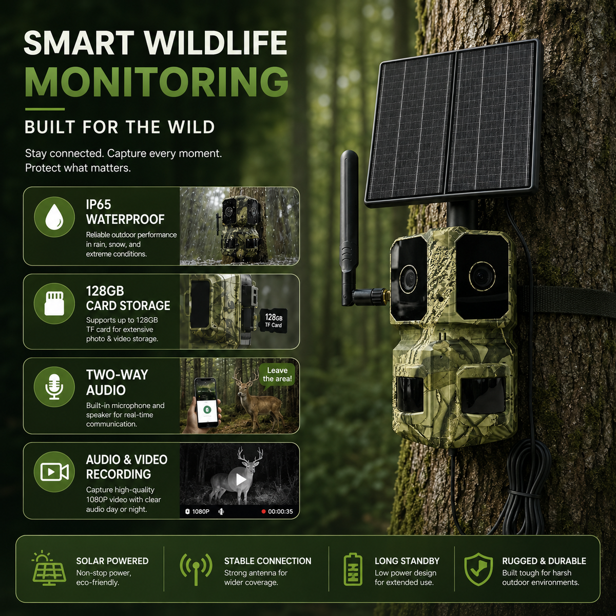 4G LTE AI Trail Camera – 180° Wide View Wildlife Hunting Camera with Dual Lens, 4K Video & PIR Detection