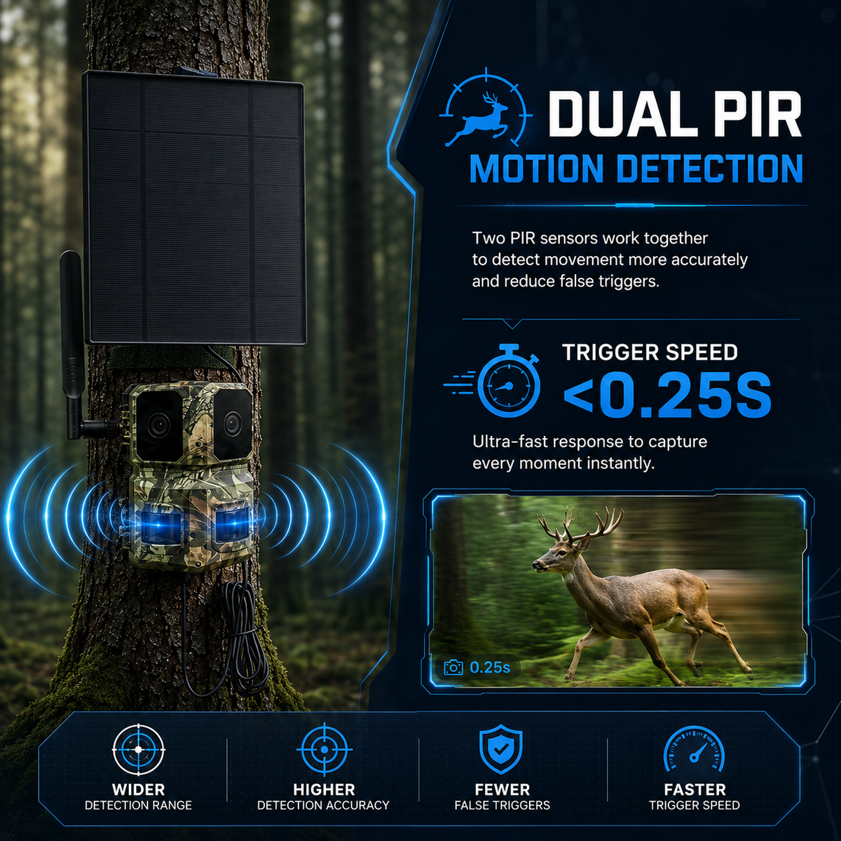 4G LTE AI Trail Camera – 180° Wide View Wildlife Hunting Camera with Dual Lens, 4K Video & PIR Detection