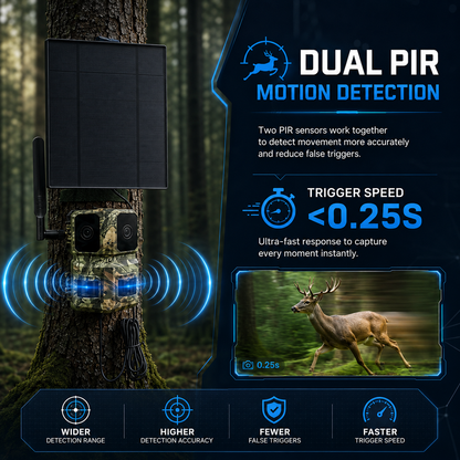 4G LTE AI Trail Camera – 180° Wide View Wildlife Hunting Camera with Dual Lens, 4K Video & PIR Detection