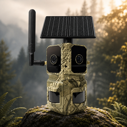4G LTE AI Trail Camera – 180° Wide View Wildlife Hunting Camera with Dual Lens, 4K Video & PIR Detection
