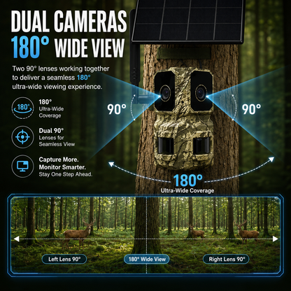 4G LTE AI Trail Camera – 180° Wide View Wildlife Hunting Camera with Dual Lens, 4K Video & PIR Detection