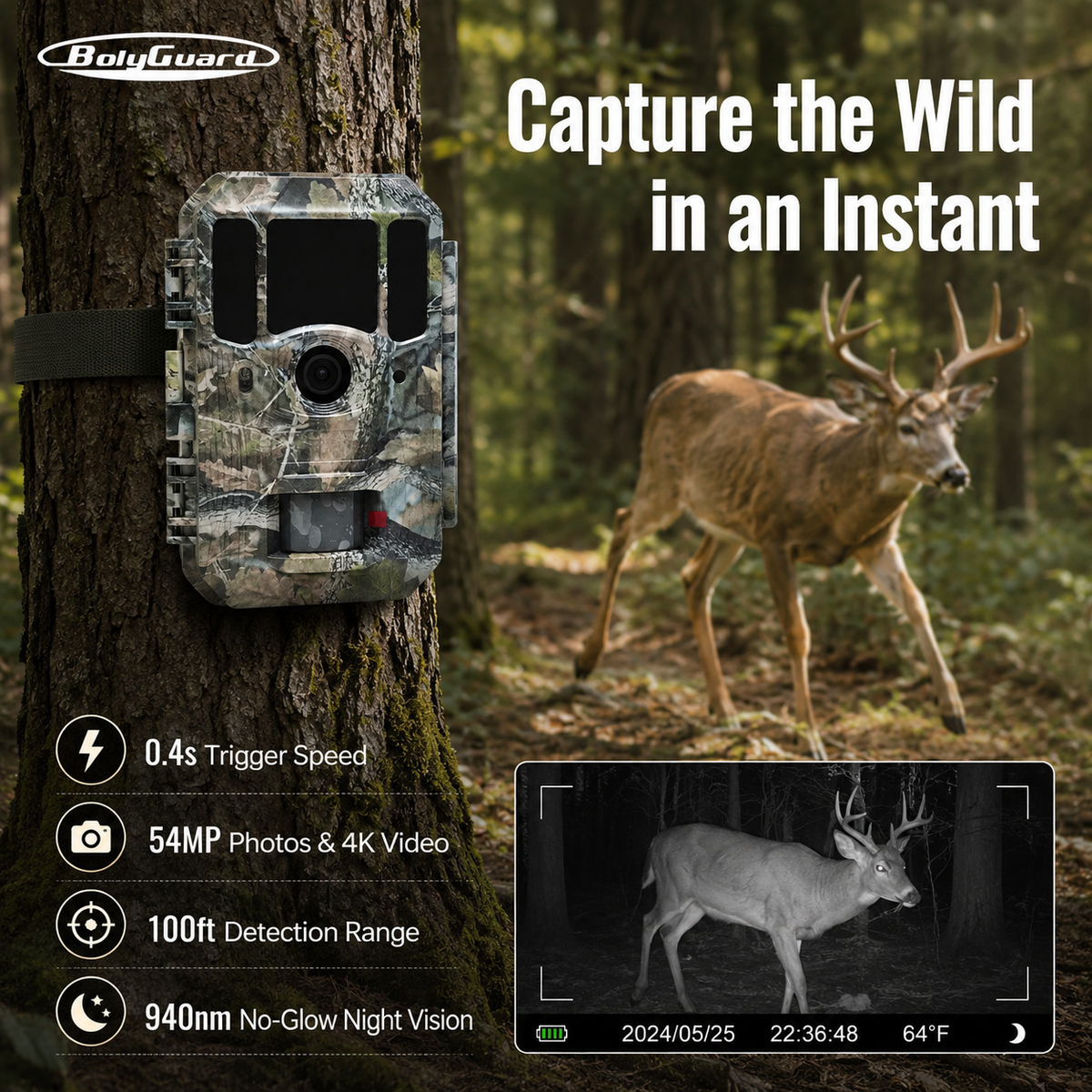 BolyGuard BG662-X 4K Trail Camera – 56MP Wildlife Hunting Camera with Night Vision & Motion Detection