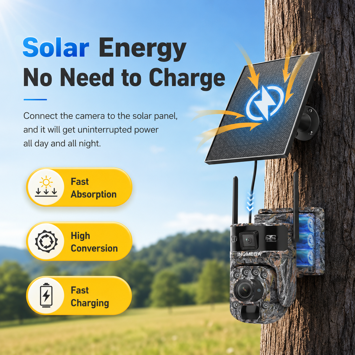 INQMEGA 60X Zoom 4G Solar PTZ Camera – 12MP Wildlife Hunting Camera with Remote Live Monitoring