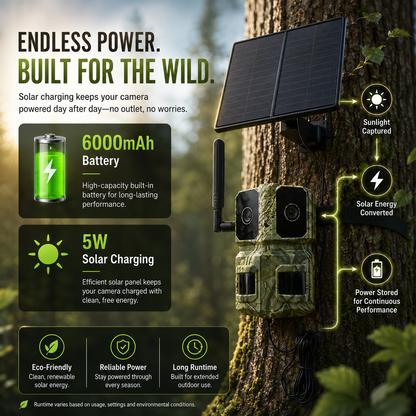 4G LTE AI Trail Camera – 180° Wide View Wildlife Hunting Camera with Dual Lens, 4K Video & PIR Detection