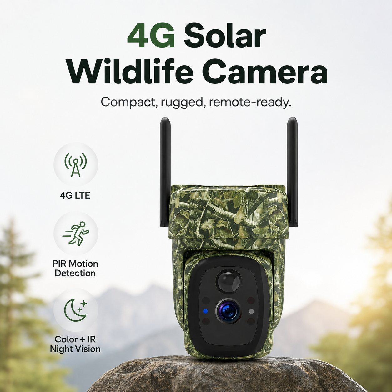 2K 4G LTE Solar PTZ Trail Camera – 10400mAh Battery, Wildlife Detection & Color Night Vision