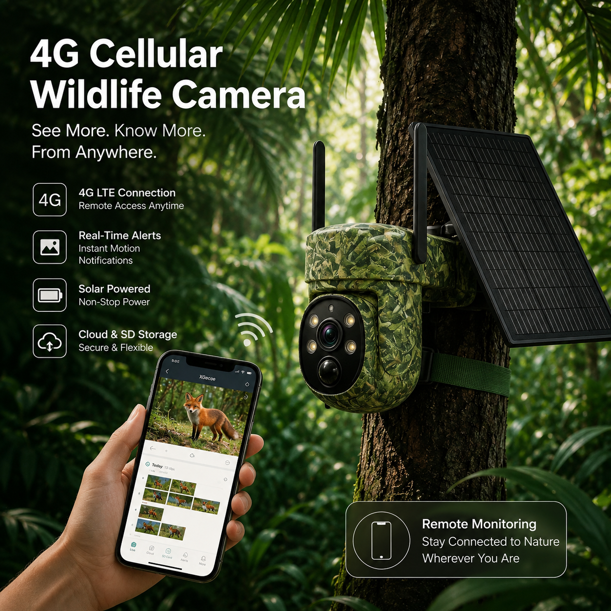 2K 4G LTE Solar PTZ Trail Camera – 10400mAh Battery, Wildlife Detection & Color Night Vision