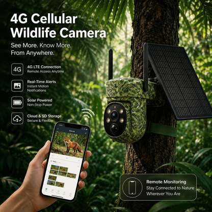 2K 4G LTE Solar PTZ Trail Camera – 10400mAh Battery, Wildlife Detection & Color Night Vision