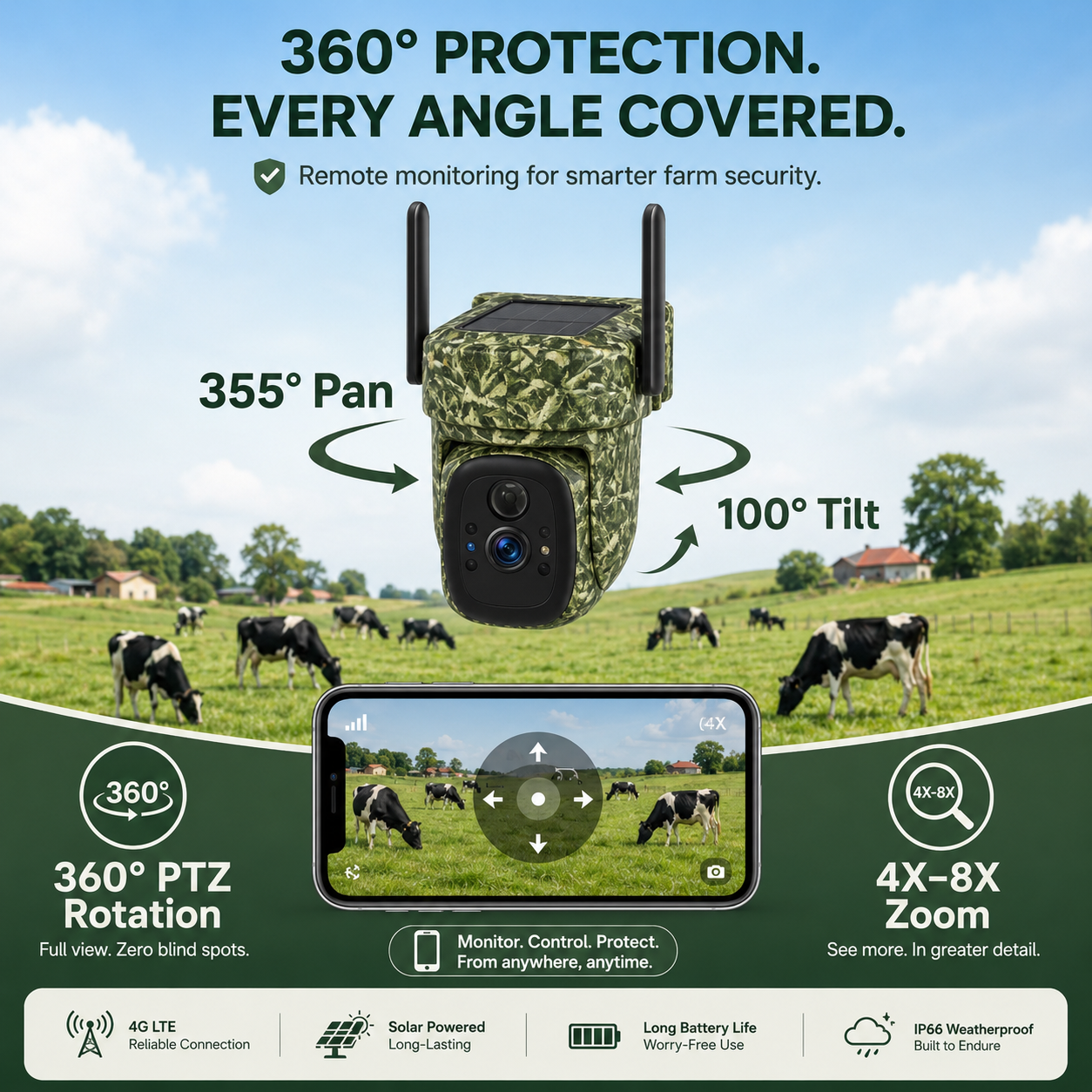 2K 4G LTE Solar PTZ Trail Camera – 10400mAh Battery, Wildlife Detection & Color Night Vision
