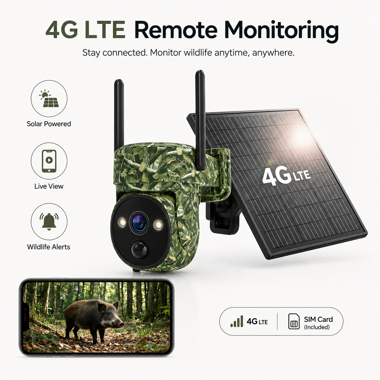 2K 4G LTE Solar PTZ Trail Camera – 10400mAh Battery, Wildlife Detection & Color Night Vision