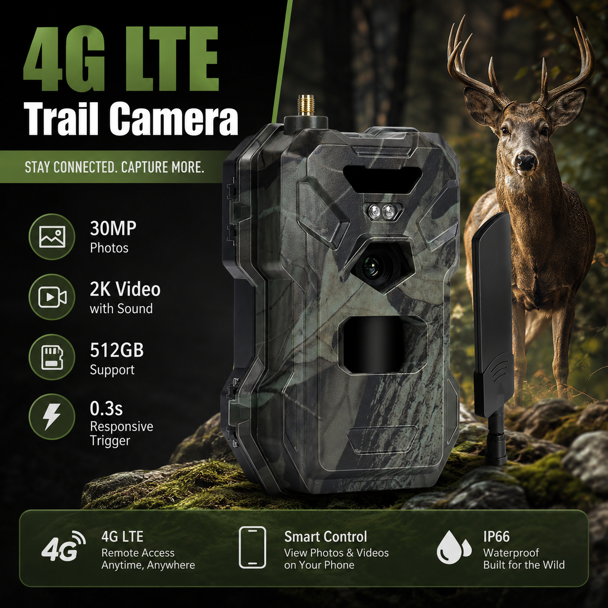 4G Cellular Trail Camera – 30MP, 2K Video, Live APP Control & Night Vision