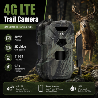 4G Cellular Trail Camera – 30MP, 2K Video, Live APP Control & Night Vision