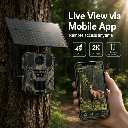 30MP 4G LTE Solar Trail Camera – 2K Live View, 0.2s PIR Trigger & Night Vision