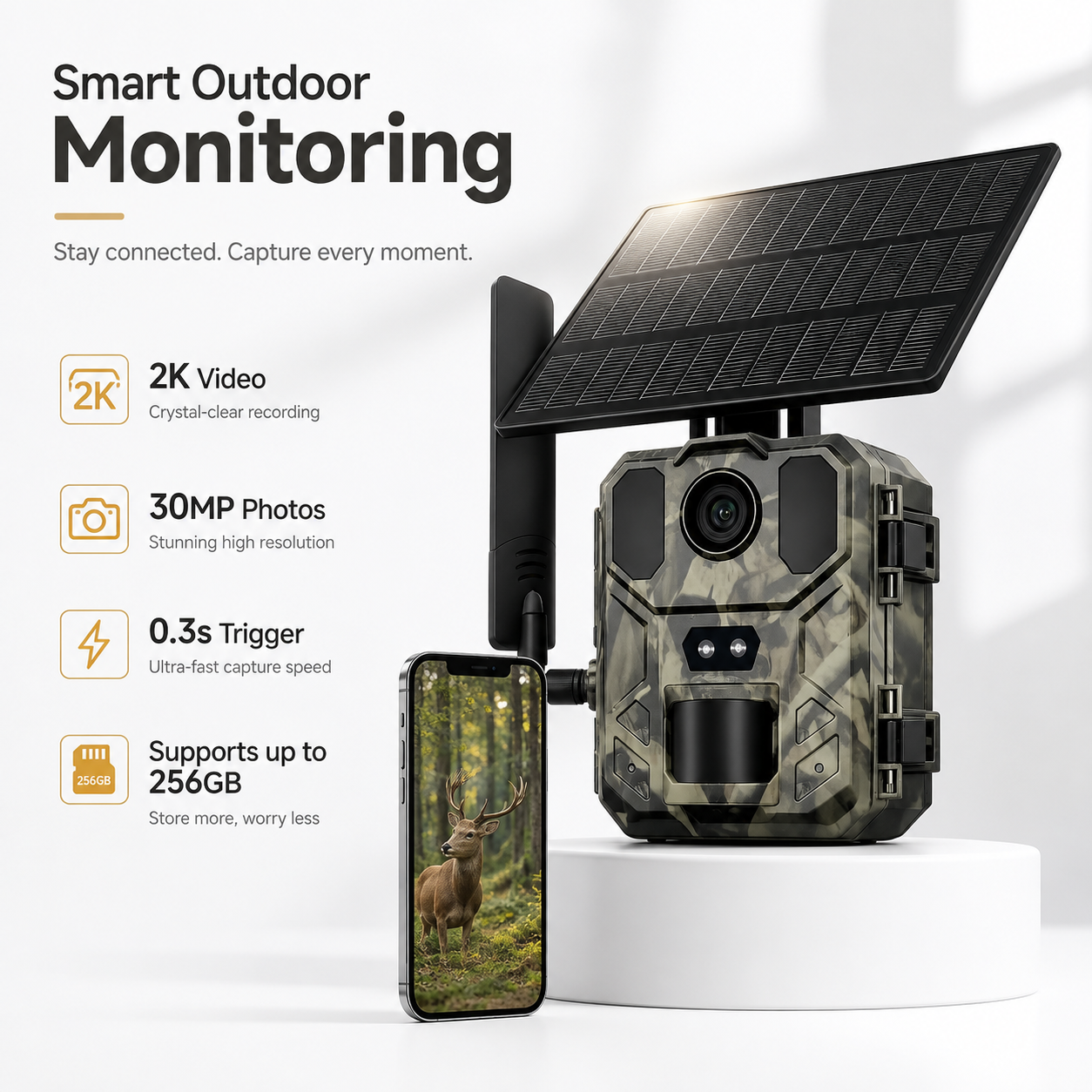 30MP 4G LTE Solar Trail Camera – 2K Live View, 0.2s PIR Trigger & Night Vision