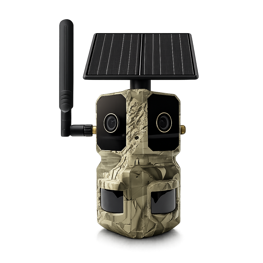 4G LTE AI Trail Camera – 180° Wide View Wildlife Hunting Camera with Dual Lens, 4K Video & PIR Detection