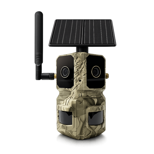 4G LTE AI Trail Camera – 180° Wide View Wildlife Hunting Camera with Dual Lens, 4K Video & PIR Detection