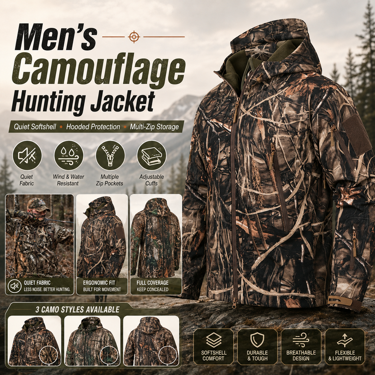 Men’s Silent Camouflage Softshell Hunting Jacket