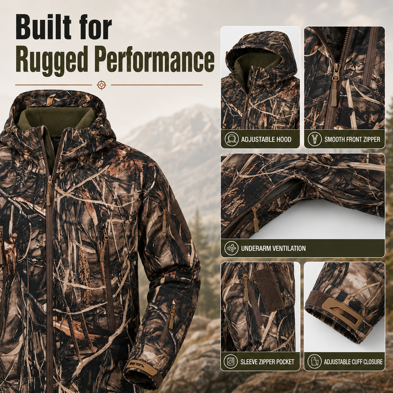 Men’s Silent Camouflage Softshell Hunting Jacket