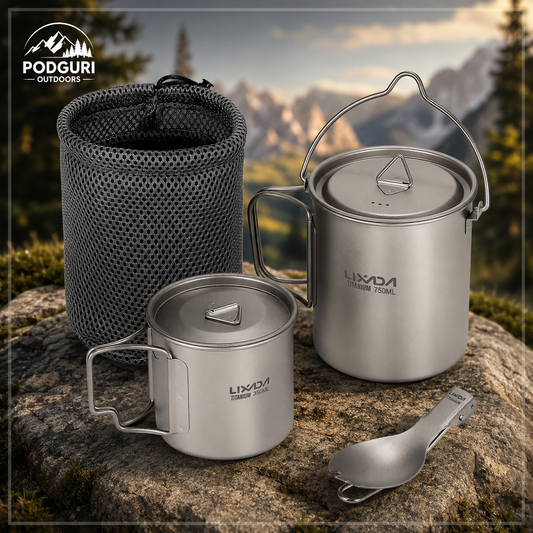 Titanium Camping Cookware Set – 750ml Pot, 350ml Cup & Folding Spork