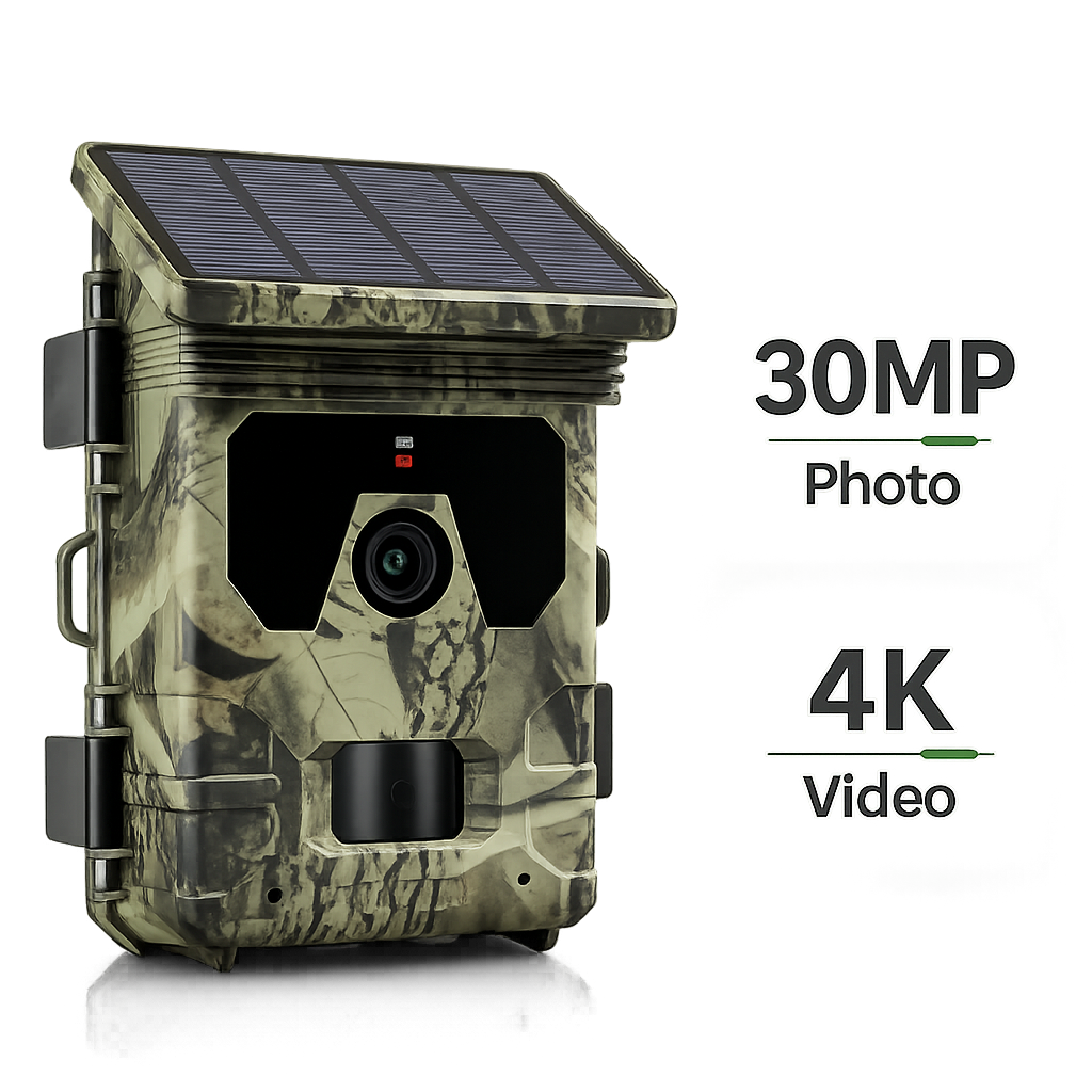 30MP 4K Solar Trail Camera – Night Vision, 0.3s Trigger & IP66 Waterproof