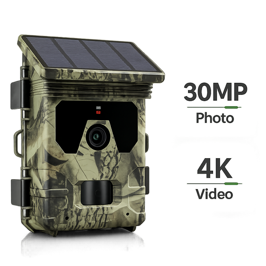 30MP 4K Solar Trail Camera – Night Vision, 0.3s Trigger & IP66 Waterproof