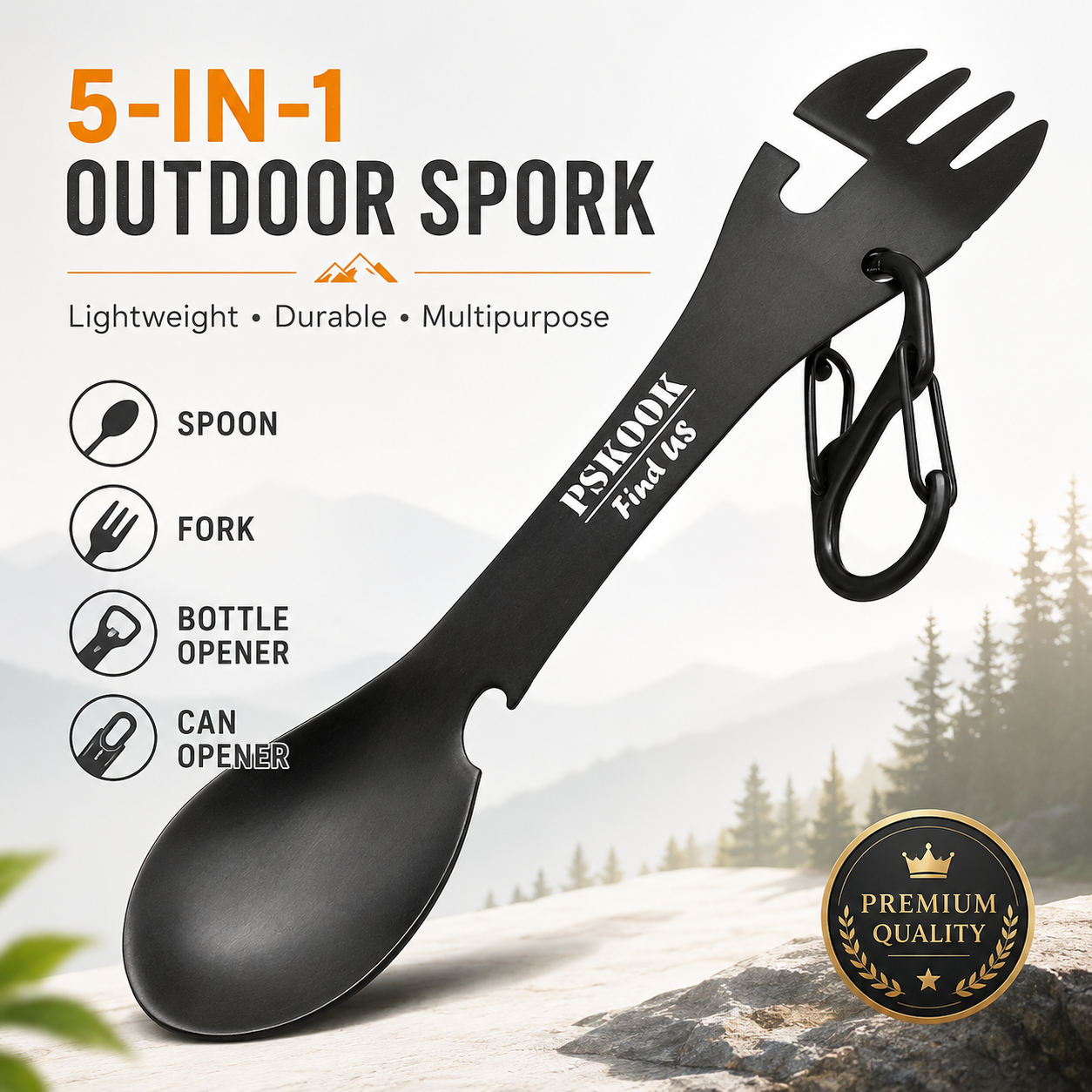 5-in-1 Stainless Steel Camping Cutlery & Survival Tool