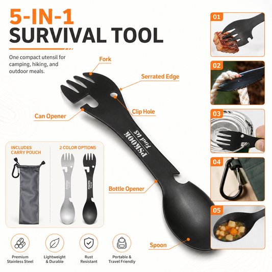 5-in-1 Stainless Steel Camping Cutlery & Survival Tool