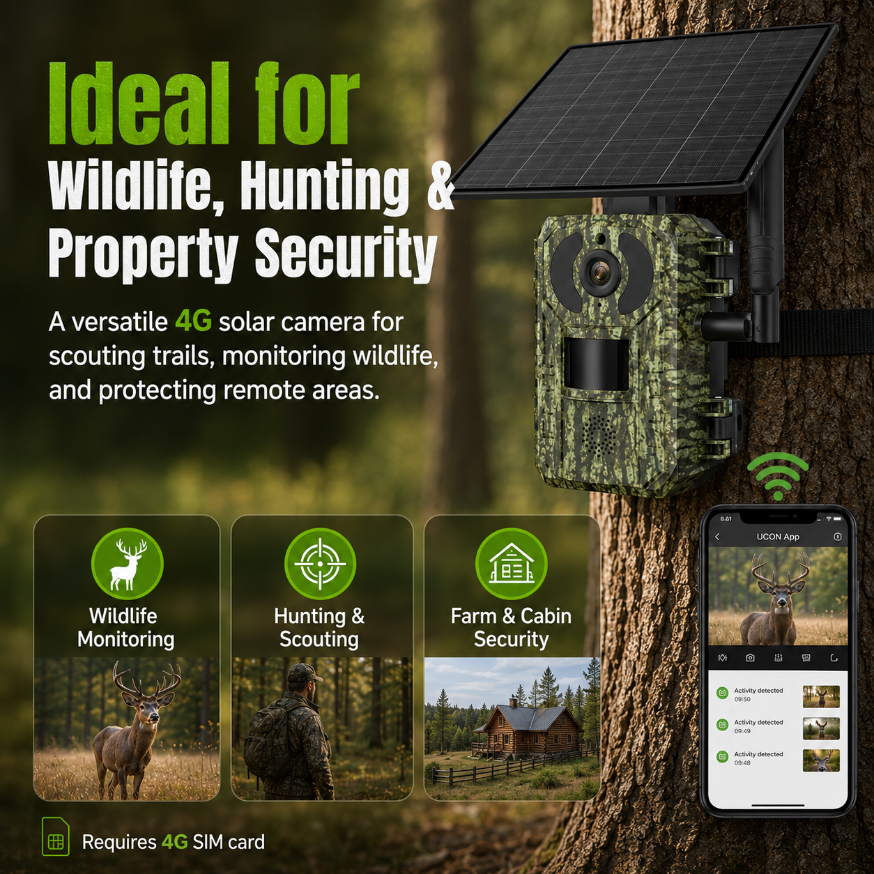 SolarGuard 4G Trail Camera – 2K Wildlife Monitor with Night Vision & UCON App