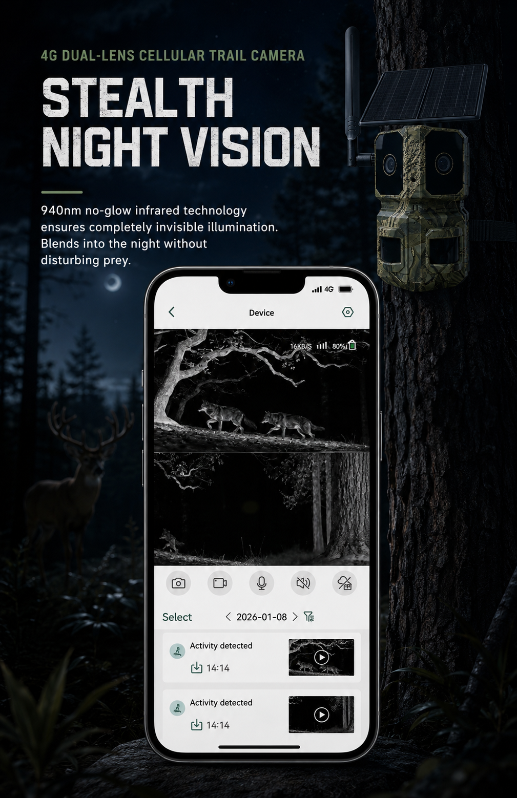 4G LTE AI Trail Camera – 180° Wide View Wildlife Hunting Camera with Dual Lens, 4K Video & PIR Detection