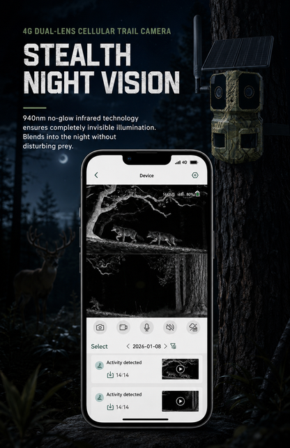 4G LTE AI Trail Camera – 180° Wide View Wildlife Hunting Camera with Dual Lens, 4K Video & PIR Detection