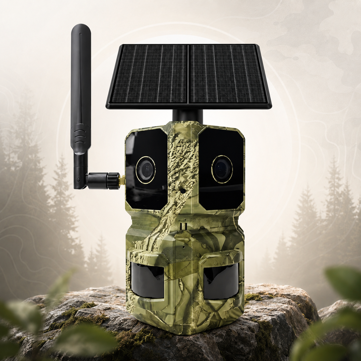4G LTE AI Trail Camera – 180° Wide View Wildlife Hunting Camera with Dual Lens, 4K Video & PIR Detection