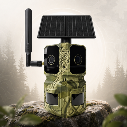 4G LTE AI Trail Camera – 180° Wide View Wildlife Hunting Camera with Dual Lens, 4K Video & PIR Detection