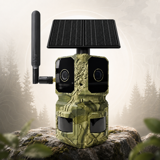 4G LTE AI Trail Camera – 180° Wide View Wildlife Hunting Camera with Dual Lens, 4K Video & PIR Detection