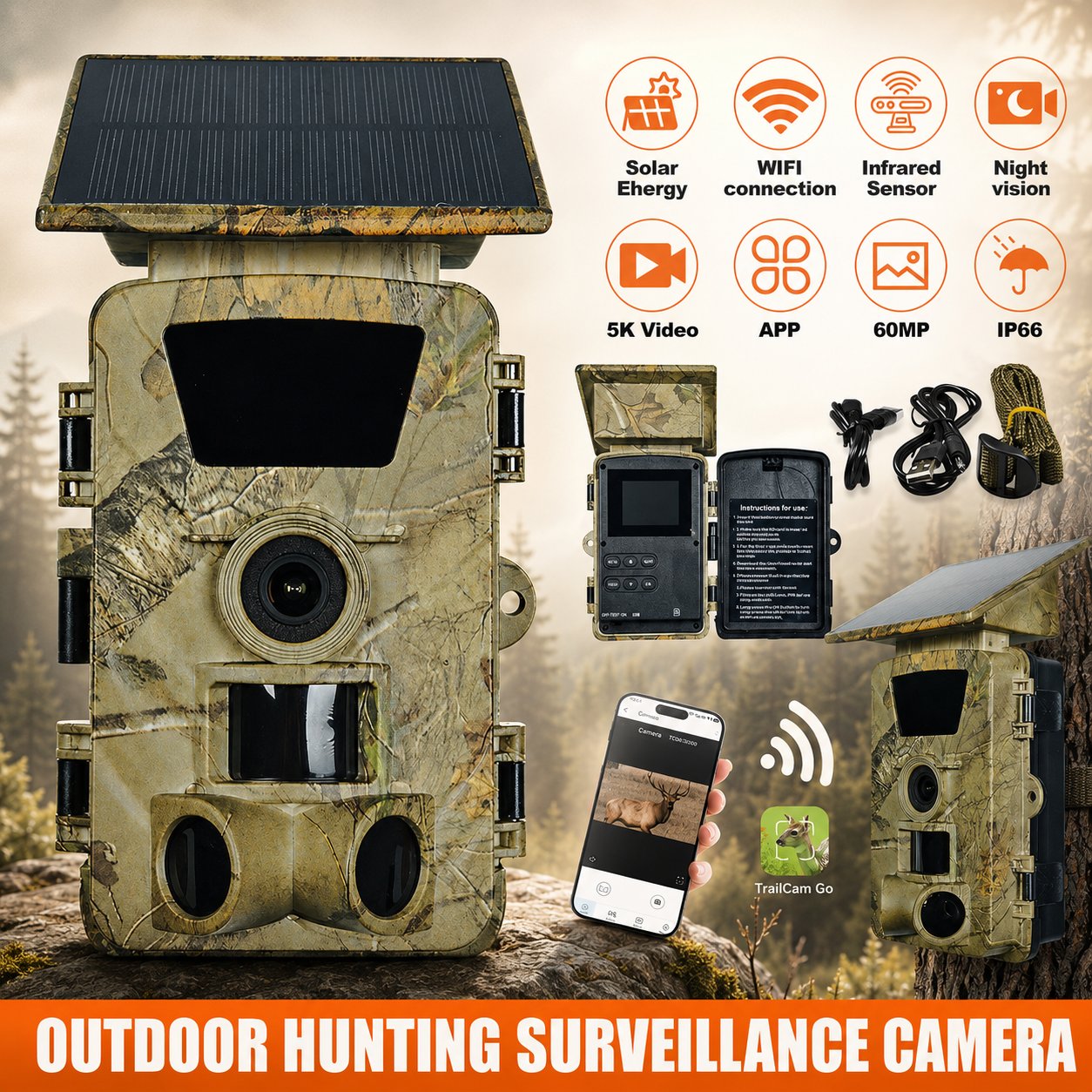 4K 60MP Solar Wildlife Trail Camera – WiFi Hunting Camera with Night Vision & Motion Detection